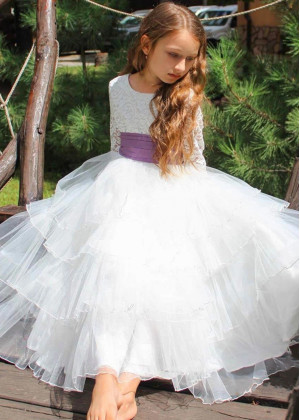 Ivory Lace Tulle Tiered Flower Girl Dress With Purple Belt